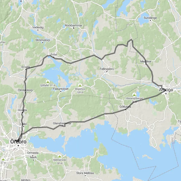 Map miniature of "Arboga to Medåker Scenic Road Ride" cycling inspiration in Östra Mellansverige, Sweden. Generated by Tarmacs.app cycling route planner