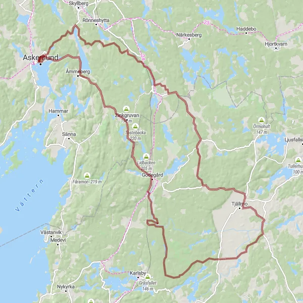 Map miniature of "Önnabo Tjällmo Loop" cycling inspiration in Östra Mellansverige, Sweden. Generated by Tarmacs.app cycling route planner