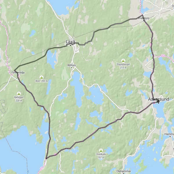 Kartminiatyr av "Runt Askersund: Finnerödja - Laxå - Vretstorp" cykelinspiration i Östra Mellansverige, Sweden. Genererad av Tarmacs.app cykelruttplanerare