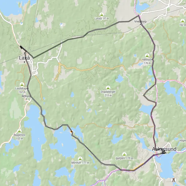 Map miniature of "Östra Mellansverige Cycling Route 2" cycling inspiration in Östra Mellansverige, Sweden. Generated by Tarmacs.app cycling route planner