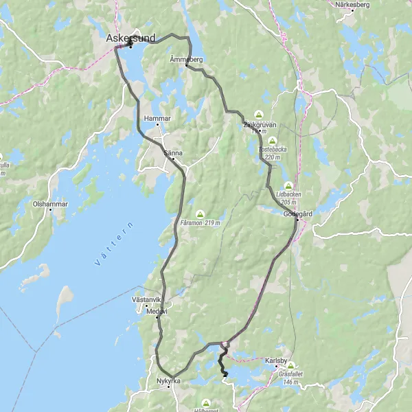 Map miniature of "Askersund Loop" cycling inspiration in Östra Mellansverige, Sweden. Generated by Tarmacs.app cycling route planner