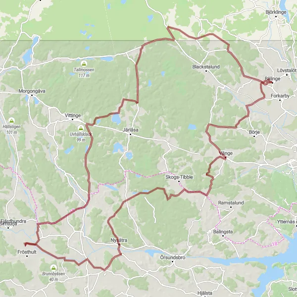Kartminiatyr av "Utmanande grusvägar i Mellansverige" cykelinspiration i Östra Mellansverige, Sweden. Genererad av Tarmacs.app cykelruttplanerare