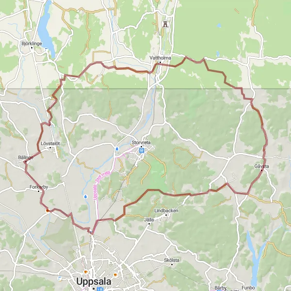 Kartminiatyr av "Grusvägarna runt Uppsala" cykelinspiration i Östra Mellansverige, Sweden. Genererad av Tarmacs.app cykelruttplanerare