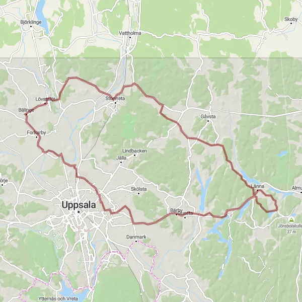 Map miniature of "Fjuckby to Bärby Gravel Cycling Route" cycling inspiration in Östra Mellansverige, Sweden. Generated by Tarmacs.app cycling route planner