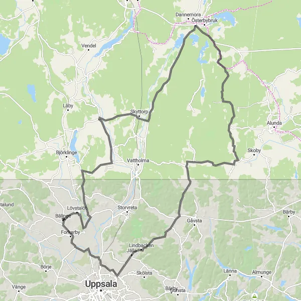 Map miniature of "Tensta to Tunåsen Cycling Route" cycling inspiration in Östra Mellansverige, Sweden. Generated by Tarmacs.app cycling route planner