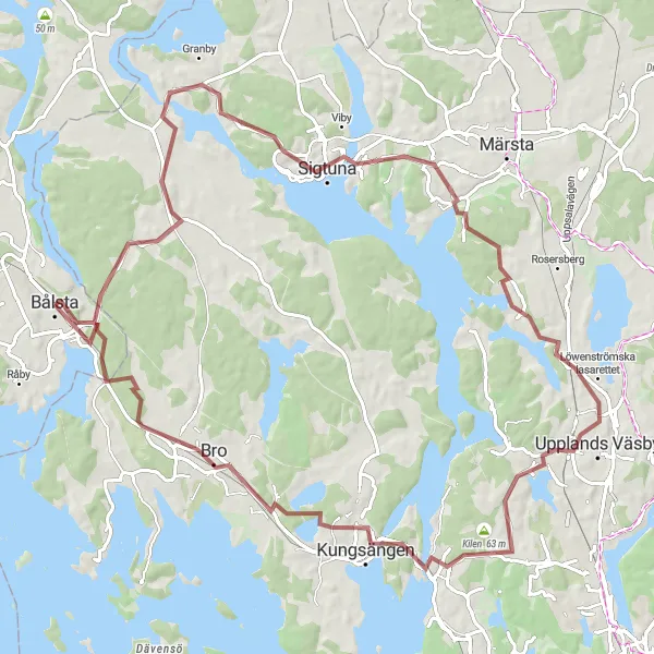 Kartminiatyr av "Utflykt till Sigtuna via grusvägar" cykelinspiration i Östra Mellansverige, Sweden. Genererad av Tarmacs.app cykelruttplanerare