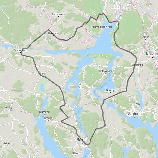 Map miniature of "Bålsta Road Adventure" cycling inspiration in Östra Mellansverige, Sweden. Generated by Tarmacs.app cycling route planner