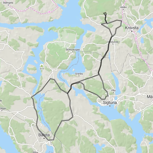 Map miniature of "Bålsta Road Journey" cycling inspiration in Östra Mellansverige, Sweden. Generated by Tarmacs.app cycling route planner