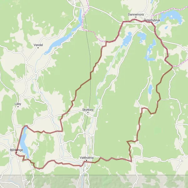 Map miniature of "Gravel Route from Björklinge to Björklinge via Sätuna, Österbybruk, and Vattholma" cycling inspiration in Östra Mellansverige, Sweden. Generated by Tarmacs.app cycling route planner