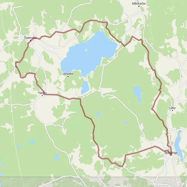 Map miniature of "Gravel Route from Björklinge to Harbo via Östervåla and Norrvissjö" cycling inspiration in Östra Mellansverige, Sweden. Generated by Tarmacs.app cycling route planner