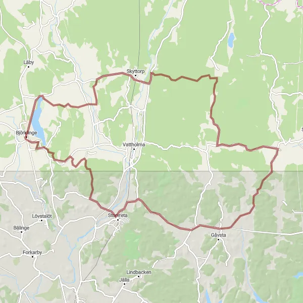 Map miniature of "Gravel Route from Björklinge to Björklinge via Skyttorp and Storvreta" cycling inspiration in Östra Mellansverige, Sweden. Generated by Tarmacs.app cycling route planner