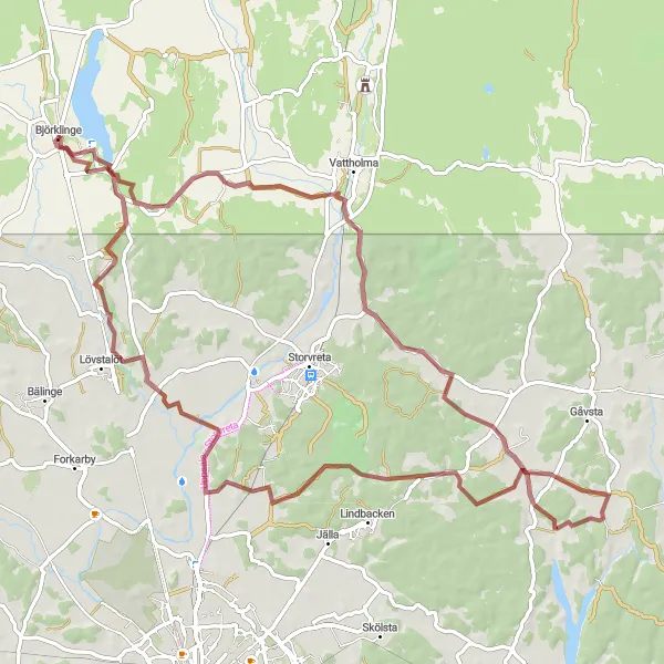 Kartminiatyr av "Grusvägar från Björklinge till Sandbrohöjden" cykelinspiration i Östra Mellansverige, Sweden. Genererad av Tarmacs.app cykelruttplanerare