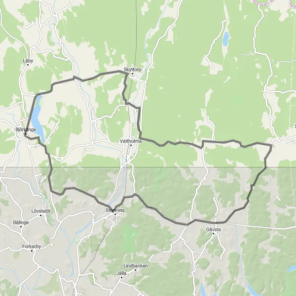 Map miniature of "Road Route from Björklinge to Björklinge via Skyttorp and Vallby" cycling inspiration in Östra Mellansverige, Sweden. Generated by Tarmacs.app cycling route planner