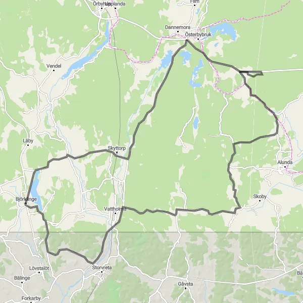 Kartminiatyr av "Upplev Björklinge till Skyttorp cykeltur" cykelinspiration i Östra Mellansverige, Sweden. Genererad av Tarmacs.app cykelruttplanerare