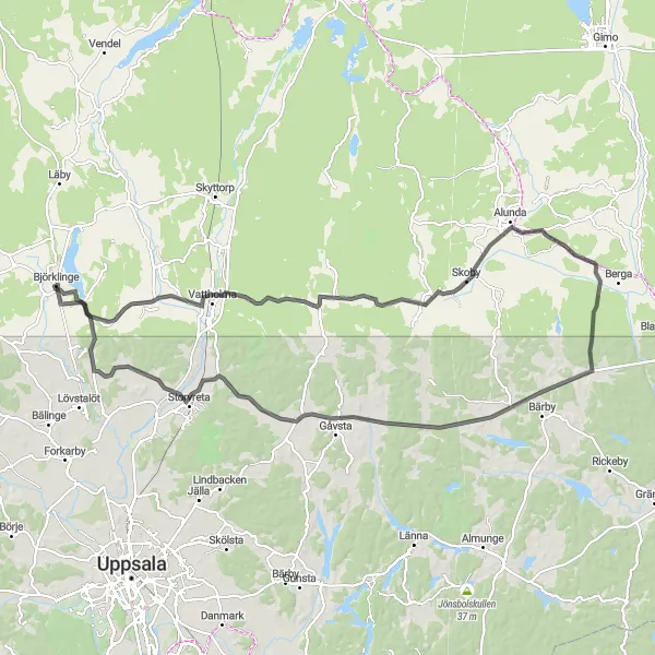 Map miniature of "Road Route from Björklinge to Altomta via Fjuckby, Vallby, and Kyrkbyn" cycling inspiration in Östra Mellansverige, Sweden. Generated by Tarmacs.app cycling route planner