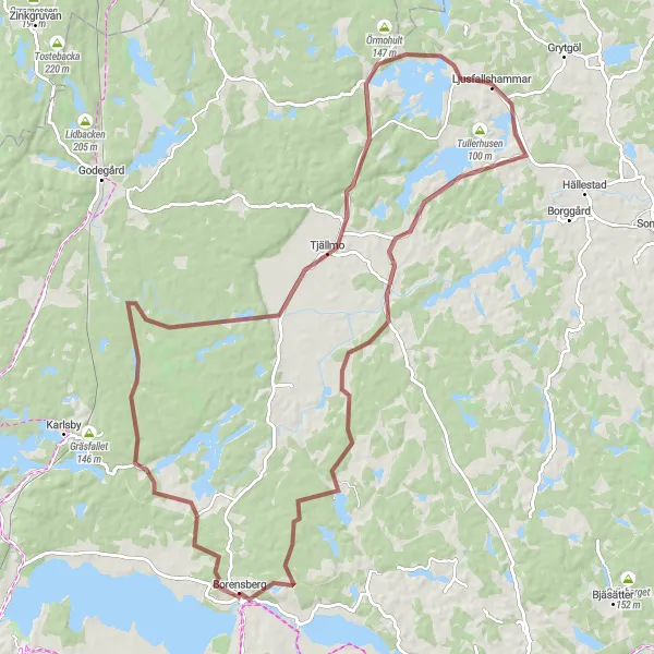 Kartminiatyr av "Bergig grusväg till Tjällmo" cykelinspiration i Östra Mellansverige, Sweden. Genererad av Tarmacs.app cykelruttplanerare