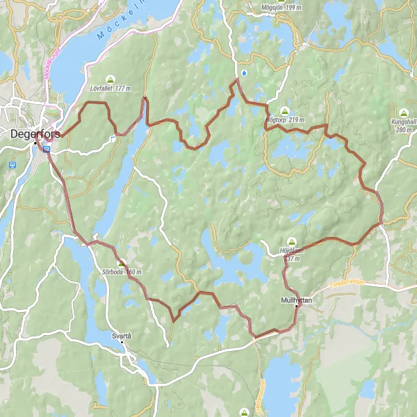 Map miniature of "Exploring the Wilderness of Degerfors" cycling inspiration in Östra Mellansverige, Sweden. Generated by Tarmacs.app cycling route planner
