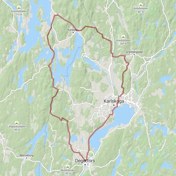 Map miniature of "Scenic Gravel Journey to Karlskoga" cycling inspiration in Östra Mellansverige, Sweden. Generated by Tarmacs.app cycling route planner