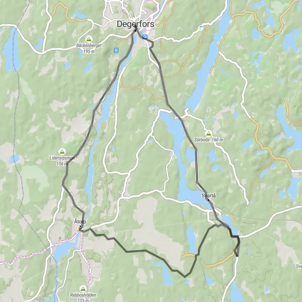 Map miniature of "Scenic Road Cycling Loop Near Degerfors" cycling inspiration in Östra Mellansverige, Sweden. Generated by Tarmacs.app cycling route planner