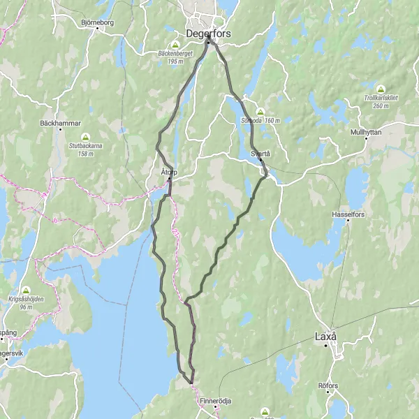 Map miniature of "Challenging Road Loop from Degerfors" cycling inspiration in Östra Mellansverige, Sweden. Generated by Tarmacs.app cycling route planner