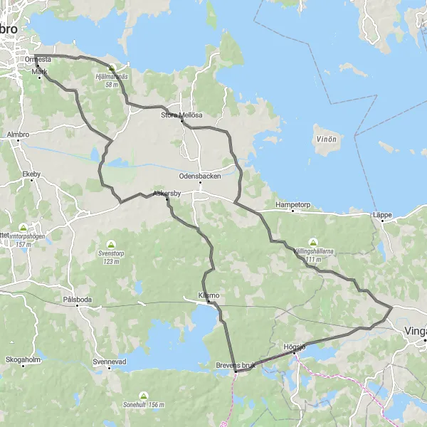 Map miniature of "The Mellösa Discovery" cycling inspiration in Östra Mellansverige, Sweden. Generated by Tarmacs.app cycling route planner