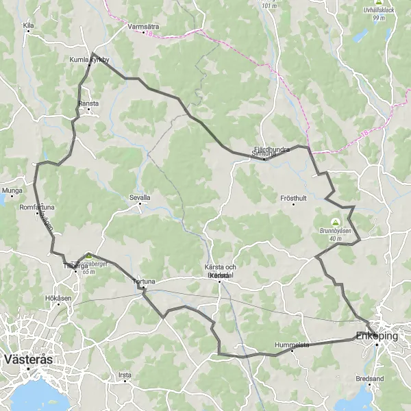 Map miniature of "Scenic Lakes and Rolling Hills" cycling inspiration in Östra Mellansverige, Sweden. Generated by Tarmacs.app cycling route planner