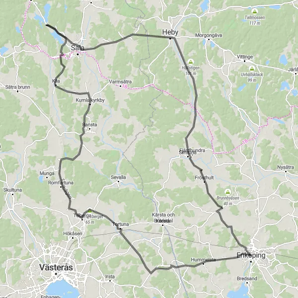 Kartminiatyr av "Landsväg till Fjärdhundra och Heby" cykelinspiration i Östra Mellansverige, Sweden. Genererad av Tarmacs.app cykelruttplanerare