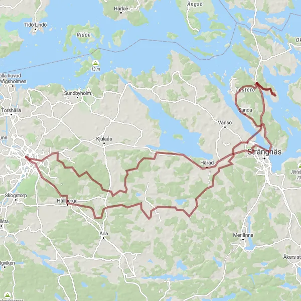 Map miniature of "Gravel Route: Morrarö - Abborrberget - Ekotemplet - Näsbyholm - Barva - Gamla staden" cycling inspiration in Östra Mellansverige, Sweden. Generated by Tarmacs.app cycling route planner
