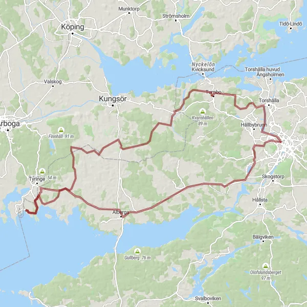 Map miniature of "The Gravel Adventurer" cycling inspiration in Östra Mellansverige, Sweden. Generated by Tarmacs.app cycling route planner