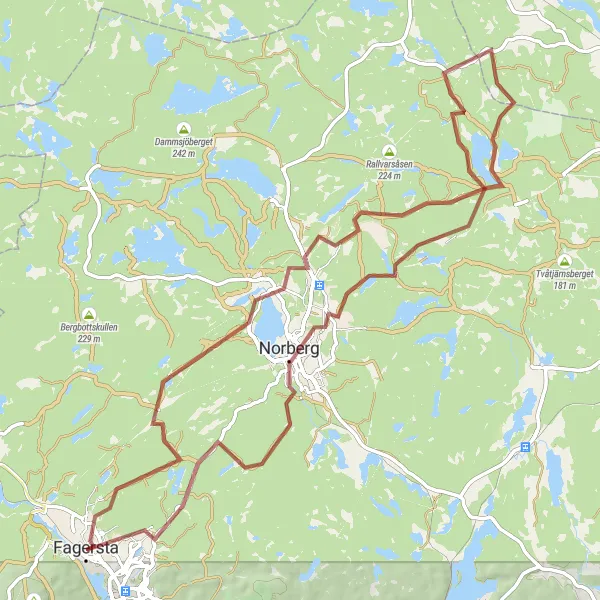 Map miniature of "Exploring Klackberg and Fagersta on Gravel" cycling inspiration in Östra Mellansverige, Sweden. Generated by Tarmacs.app cycling route planner