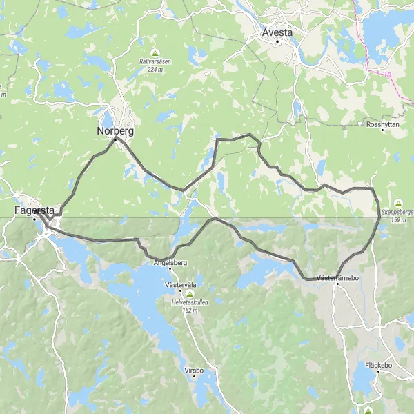 Map miniature of "Road Cycling Adventure through Norberg and Ängelsberg" cycling inspiration in Östra Mellansverige, Sweden. Generated by Tarmacs.app cycling route planner