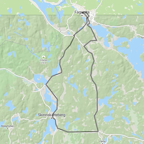 Kartminiatyr av "Vägcykling till Skinnskatteberg ochbaka" cykelinspiration i Östra Mellansverige, Sweden. Genererad av Tarmacs.app cykelruttplanerare