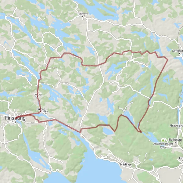 Map miniature of "Finspång Gravel Explorer" cycling inspiration in Östra Mellansverige, Sweden. Generated by Tarmacs.app cycling route planner
