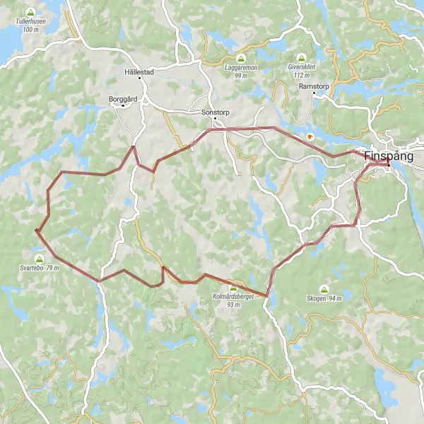 Map miniature of "Kolmårdsberget Loop" cycling inspiration in Östra Mellansverige, Sweden. Generated by Tarmacs.app cycling route planner