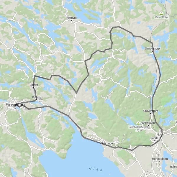 Map miniature of "Finspång Road Tour" cycling inspiration in Östra Mellansverige, Sweden. Generated by Tarmacs.app cycling route planner