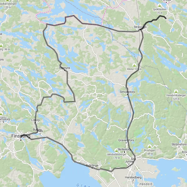 Kartminiatyr av "Utmanande cykling i närheten av Finspång" cykelinspiration i Östra Mellansverige, Sweden. Genererad av Tarmacs.app cykelruttplanerare