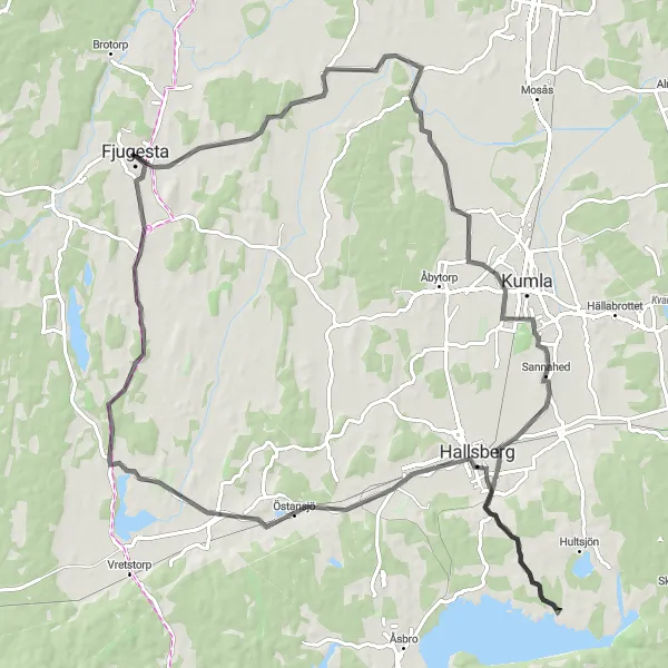 Map miniature of "Fjugesta and Norra Folkavi Loop" cycling inspiration in Östra Mellansverige, Sweden. Generated by Tarmacs.app cycling route planner