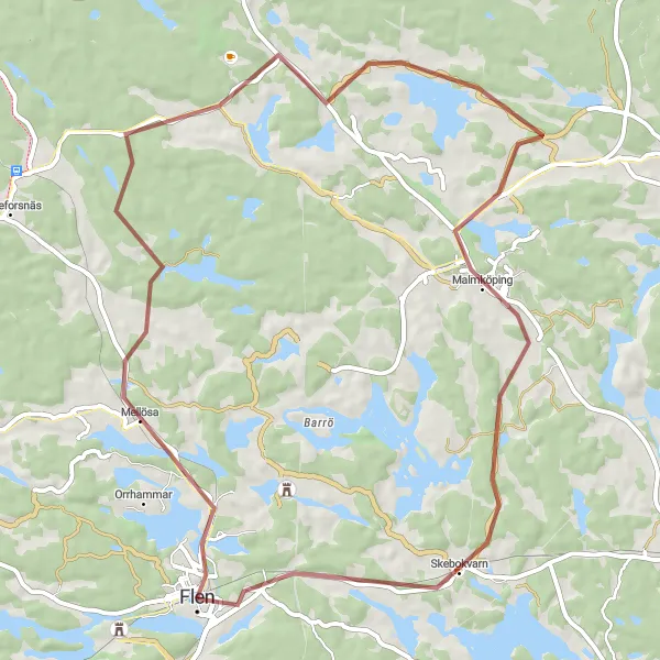 Map miniature of "Gravel Exploration: Flen - Malmköping - Skebokvarn - Flen" cycling inspiration in Östra Mellansverige, Sweden. Generated by Tarmacs.app cycling route planner