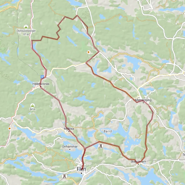 Map miniature of "Gravel Tour: Flen - Hälleforsnäs - Malmköping - Skebokvarn - Yxtaholm - Flen" cycling inspiration in Östra Mellansverige, Sweden. Generated by Tarmacs.app cycling route planner