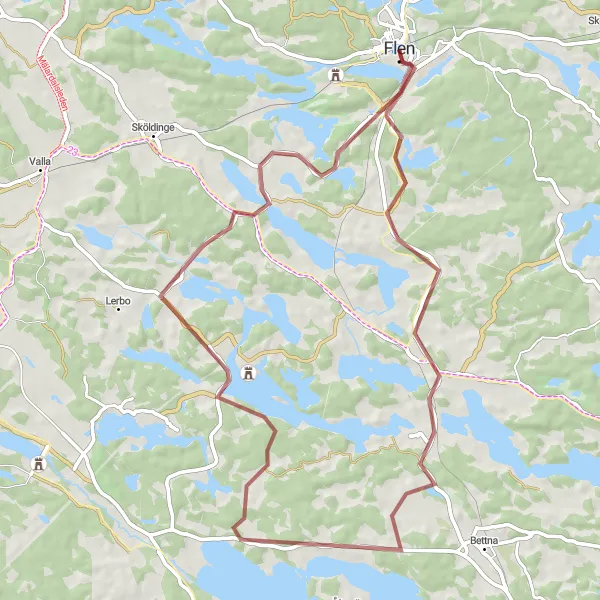 Map miniature of "Gravel Circle Loop: Flen - Glippsta - Långhalsen - Flen" cycling inspiration in Östra Mellansverige, Sweden. Generated by Tarmacs.app cycling route planner