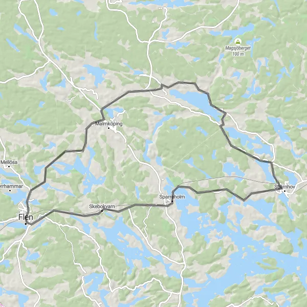Map miniature of "Road Adventure: Flen - Stjärnhov - Skebokvarn - Flen" cycling inspiration in Östra Mellansverige, Sweden. Generated by Tarmacs.app cycling route planner