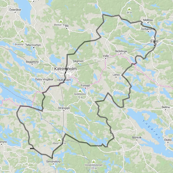 Map miniature of "Flen Loop Tour" cycling inspiration in Östra Mellansverige, Sweden. Generated by Tarmacs.app cycling route planner