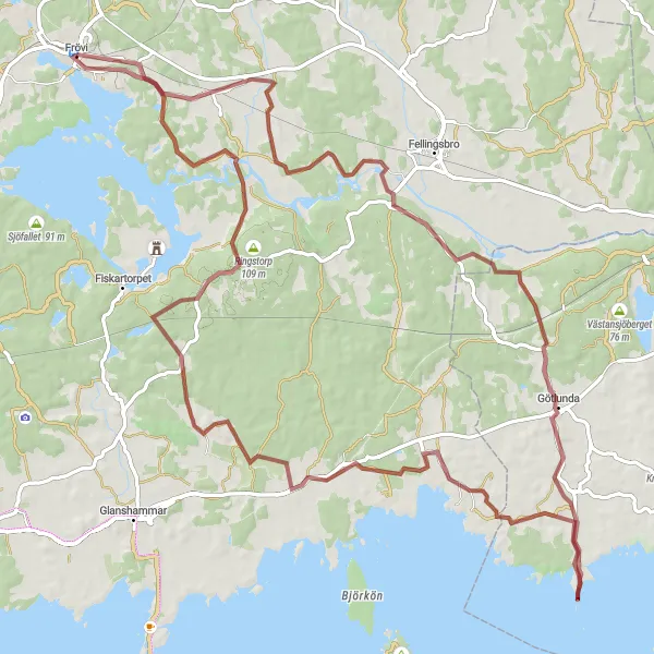 Map miniature of "Gravel Cycling Route: Frövi - Götlunda - Ringstorp - Frövi" cycling inspiration in Östra Mellansverige, Sweden. Generated by Tarmacs.app cycling route planner