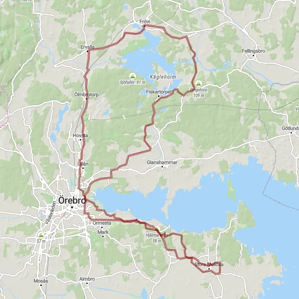 Map miniature of "Ringstorp and Hjälmarsnäs Gravel Route" cycling inspiration in Östra Mellansverige, Sweden. Generated by Tarmacs.app cycling route planner