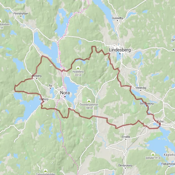 Kartminiatyr av "Grusvägar runt Frövi" cykelinspiration i Östra Mellansverige, Sweden. Genererad av Tarmacs.app cykelruttplanerare