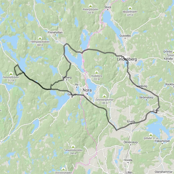Kartminiatyr av "Äventyrlig Bergsbygd Loop" cykelinspiration i Östra Mellansverige, Sweden. Genererad av Tarmacs.app cykelruttplanerare