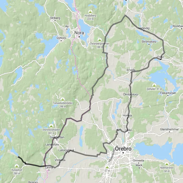 Map miniature of "The Historic Cliffs of Mellansverige" cycling inspiration in Östra Mellansverige, Sweden. Generated by Tarmacs.app cycling route planner