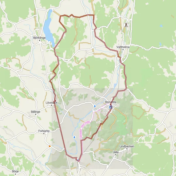 Kartminiatyr av "Slingrande grusvägar genom historien" cykelinspiration i Östra Mellansverige, Sweden. Genererad av Tarmacs.app cykelruttplanerare