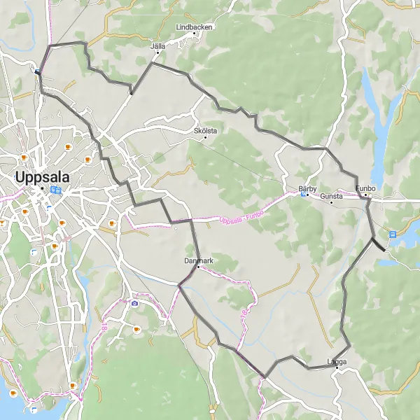 Map miniature of "Gamla Uppsala Loop" cycling inspiration in Östra Mellansverige, Sweden. Generated by Tarmacs.app cycling route planner