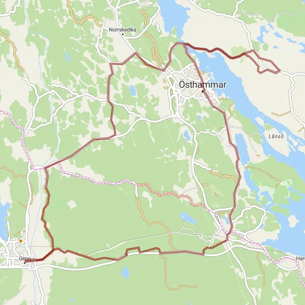 Map miniature of "Beautiful Gravel Cycling near Gimo" cycling inspiration in Östra Mellansverige, Sweden. Generated by Tarmacs.app cycling route planner